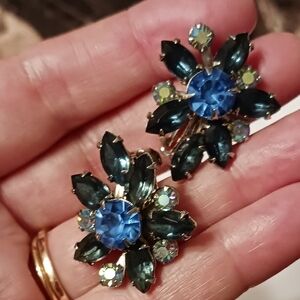 Colorful Blue Multi-Stoned Clip on Earrings - Vintage AB HOCO PROM STARLET 80s